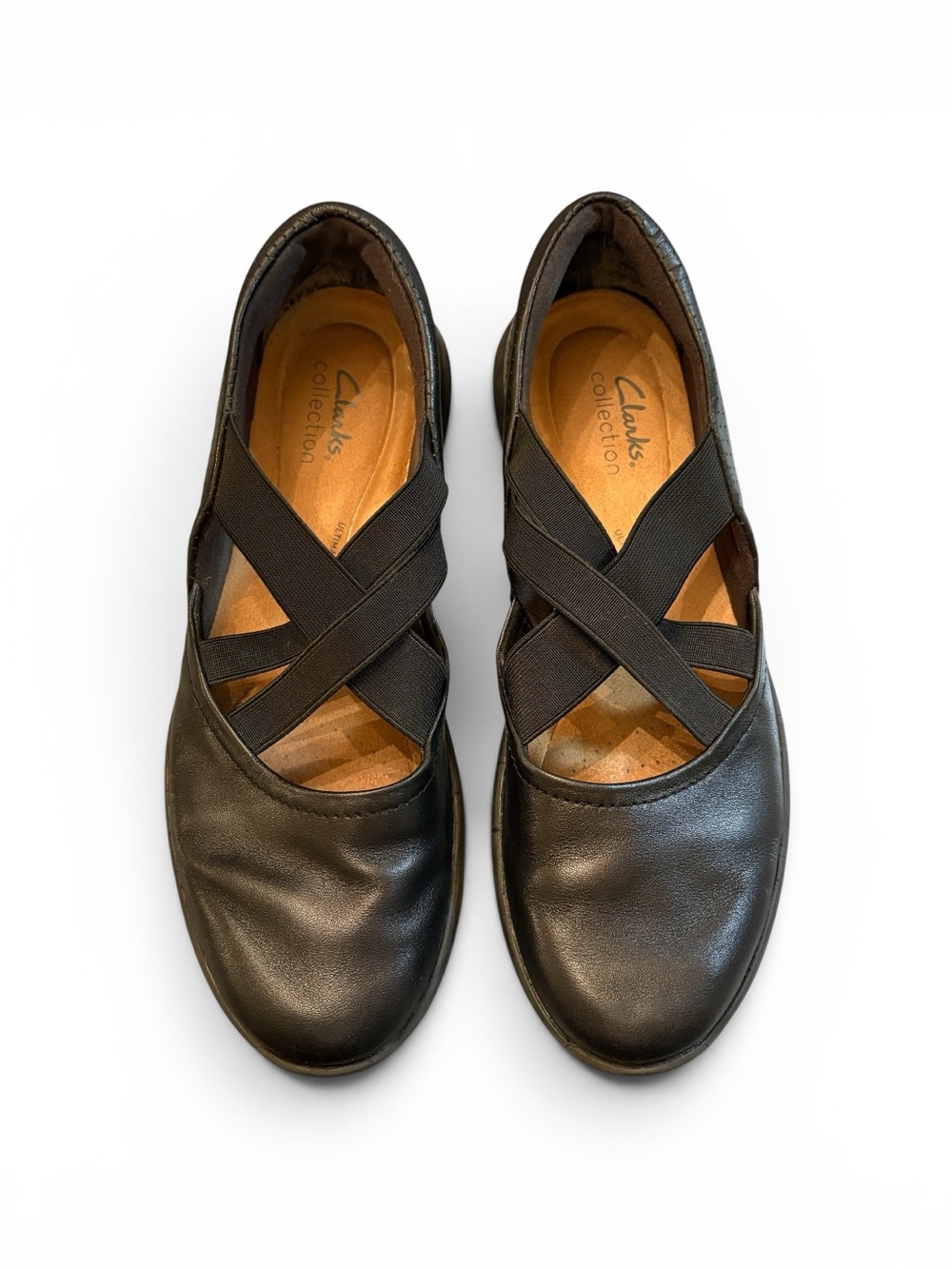 Clarks Black Leather Slip-On Flats with Cross Elastic Straps~size 8   0026